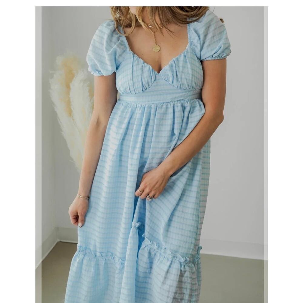 By The River Blue Plaid Smocked Boho Cottage Core Tiered Ruffle Dress Size S - Picture 7 of 9